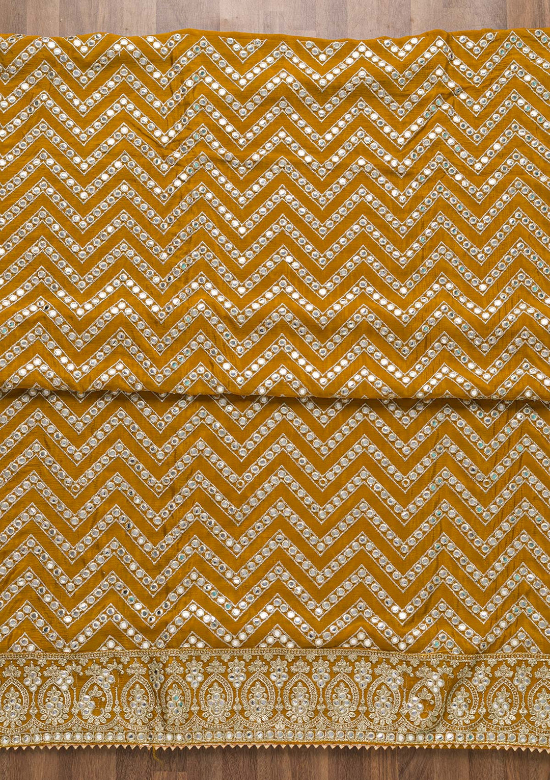 Mustard Mirrorwork Semi Crepe Unstitched Salwar Suit-Koskii