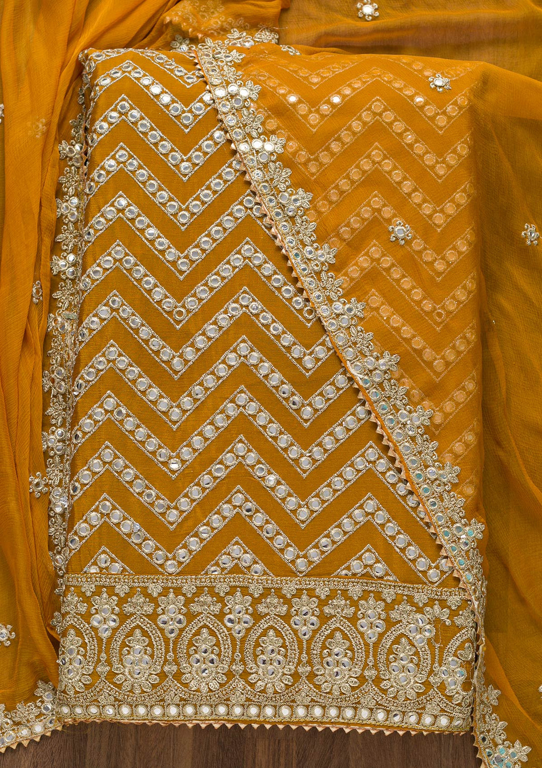 Mustard Mirrorwork Semi Crepe Unstitched Salwar Suit-Koskii