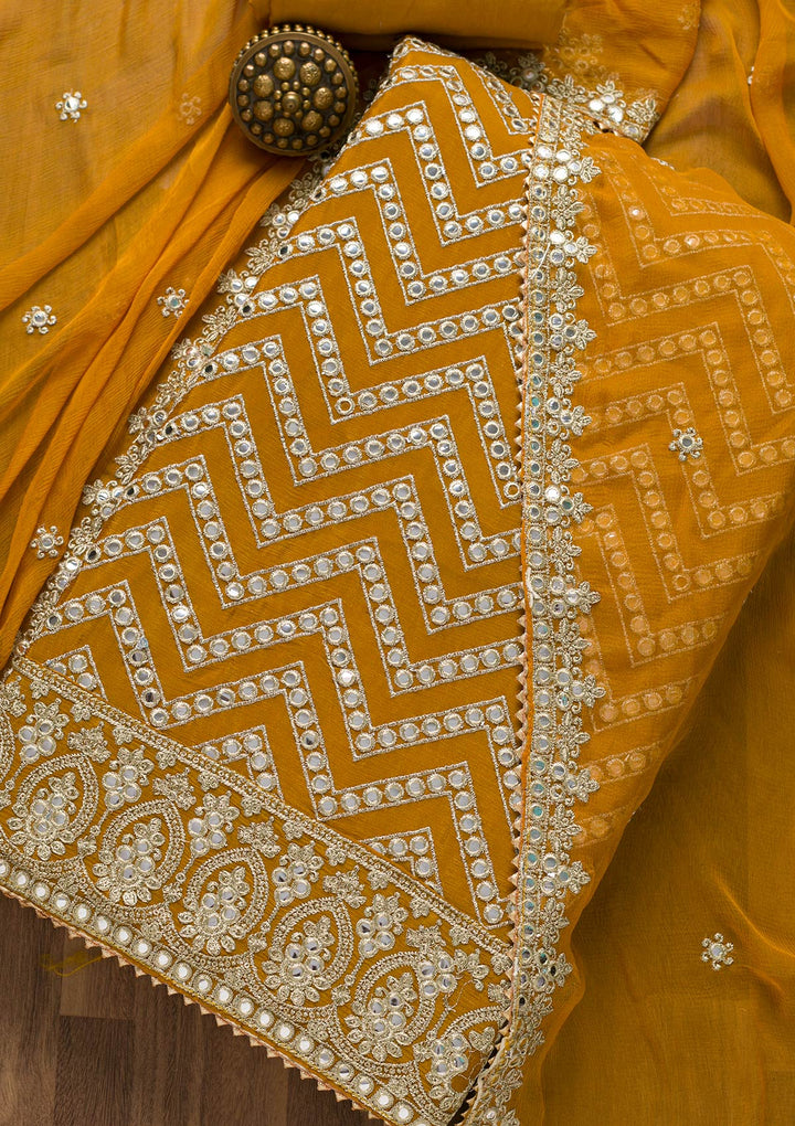 Mustard Mirrorwork Semi Crepe Unstitched Salwar Suit-Koskii