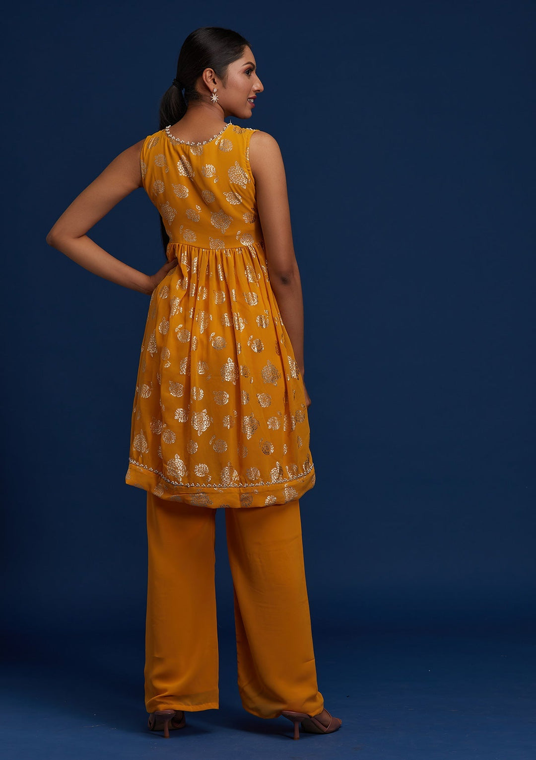 Mustard Pearlwork Georgette Designer Salwar Suit - Koskii