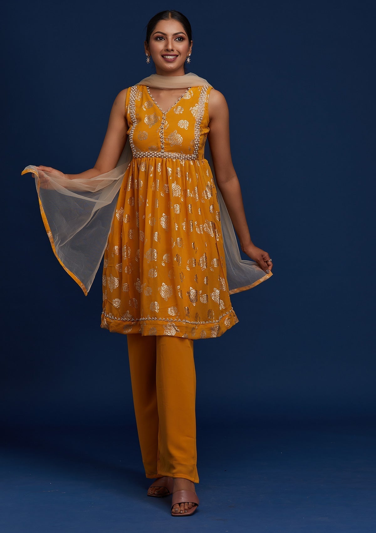 Mustard Pearlwork Georgette Designer Salwar Suit - Koskii