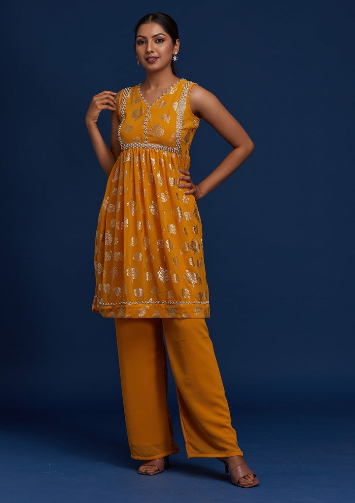Mustard Pearlwork Georgette Designer Salwar Suit - Koskii