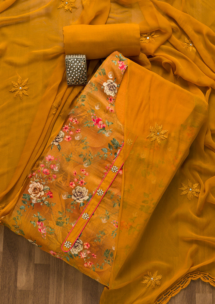 Mustard Print Georgette Unstitched Salwar Suit-Koskii