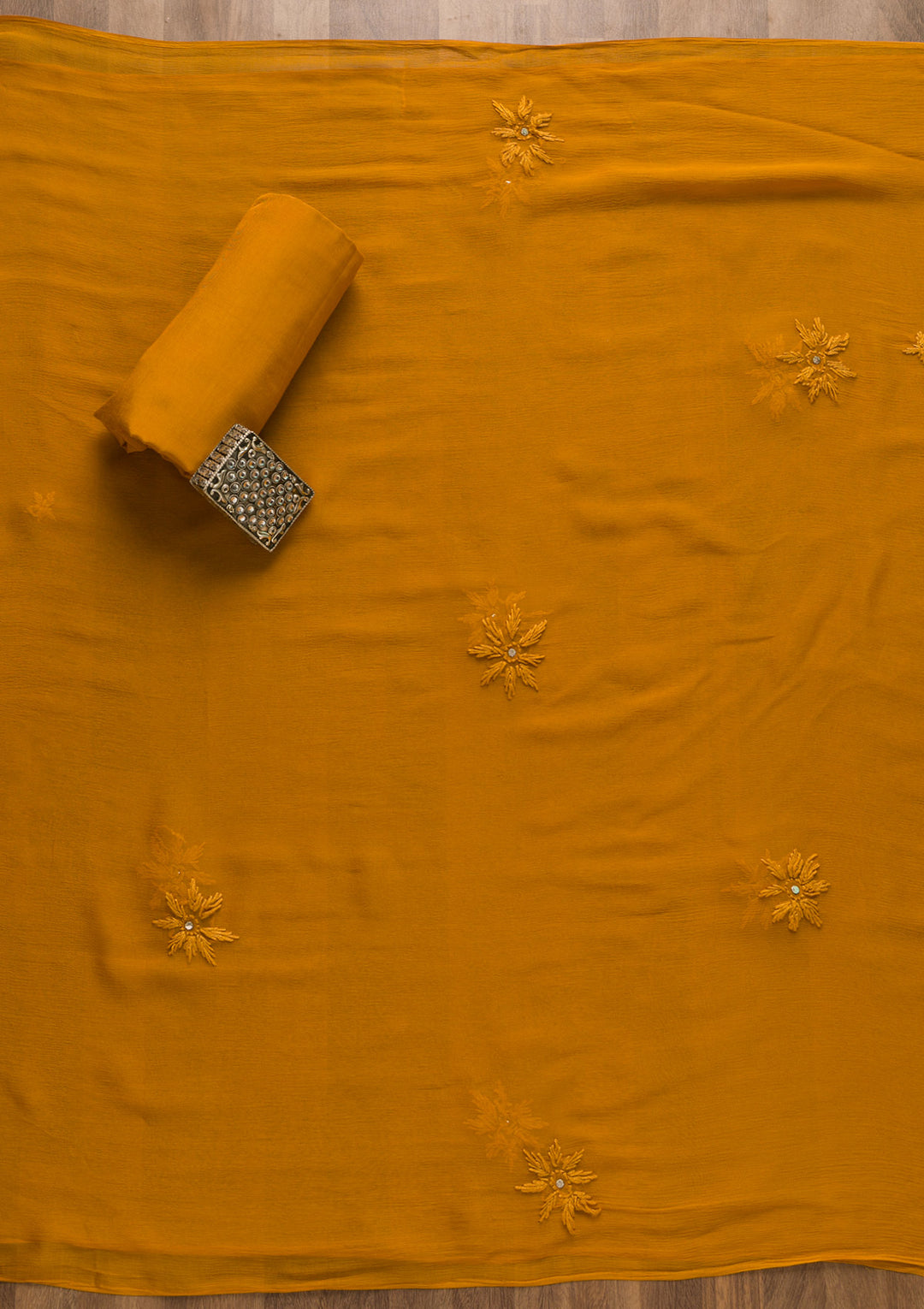 Mustard Print Georgette Unstitched Salwar Suit-Koskii