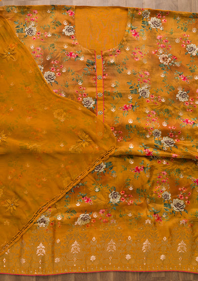 Mustard Print Georgette Unstitched Salwar Suit-Koskii
