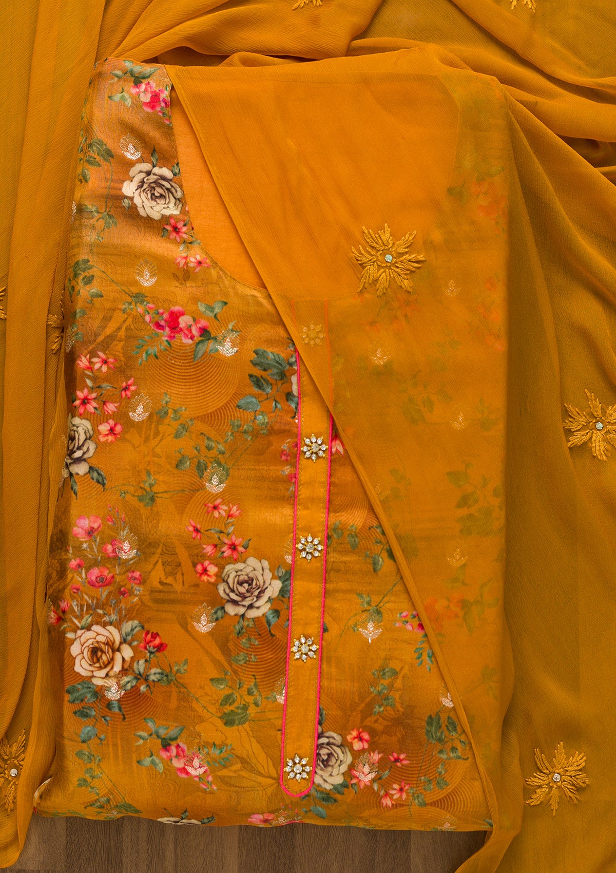 Mustard Print Georgette Unstitched Salwar Suit-Koskii