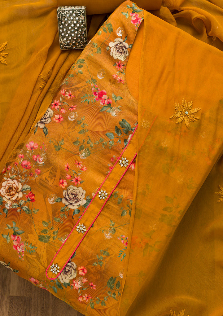 Mustard Print Georgette Unstitched Salwar Suit-Koskii