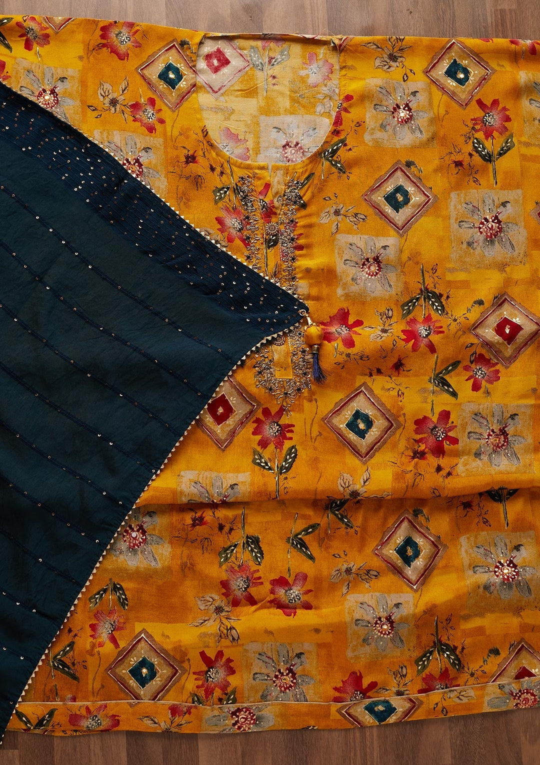 Mustard Print Semi Crepe Designer Semi-Stitched Salwar Suit - Koskii