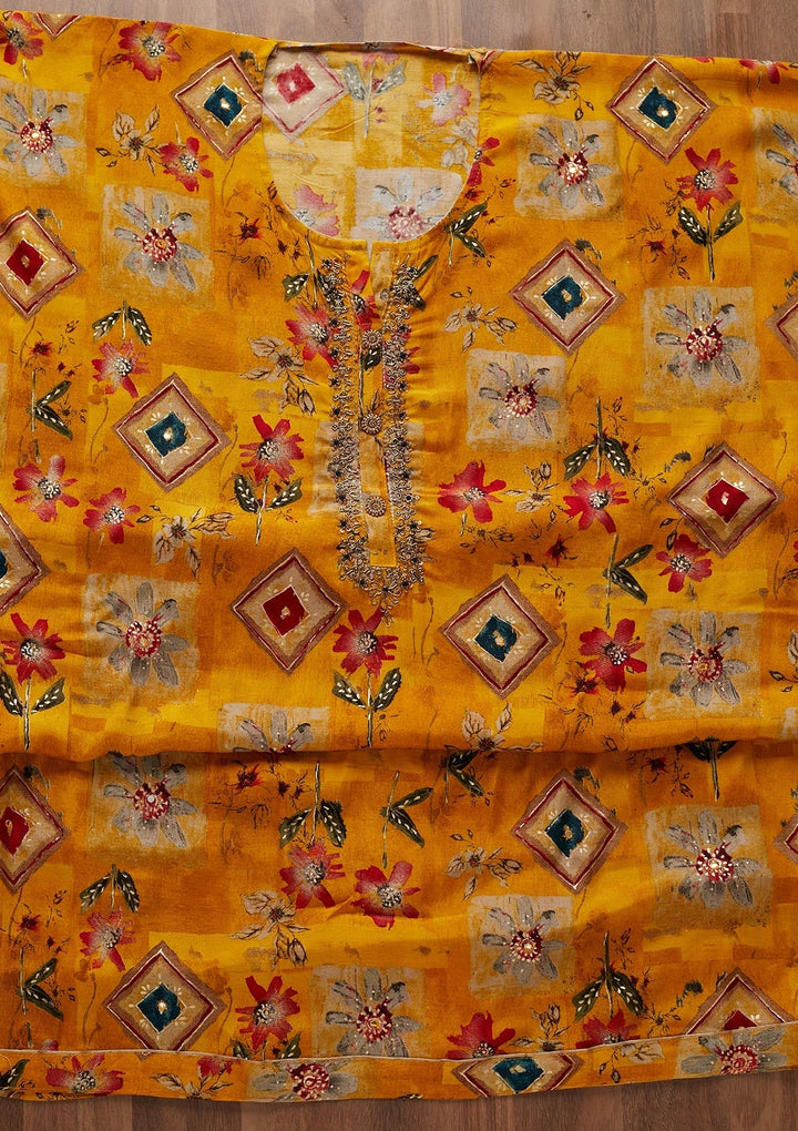 Mustard Print Semi Crepe Designer Semi-Stitched Salwar Suit - Koskii