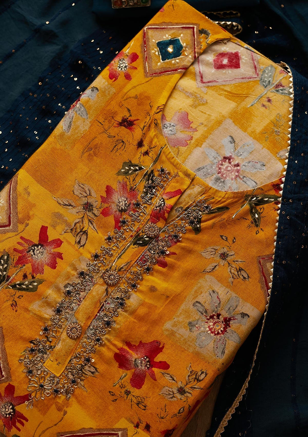 Mustard Print Semi Crepe Designer Semi-Stitched Salwar Suit - Koskii