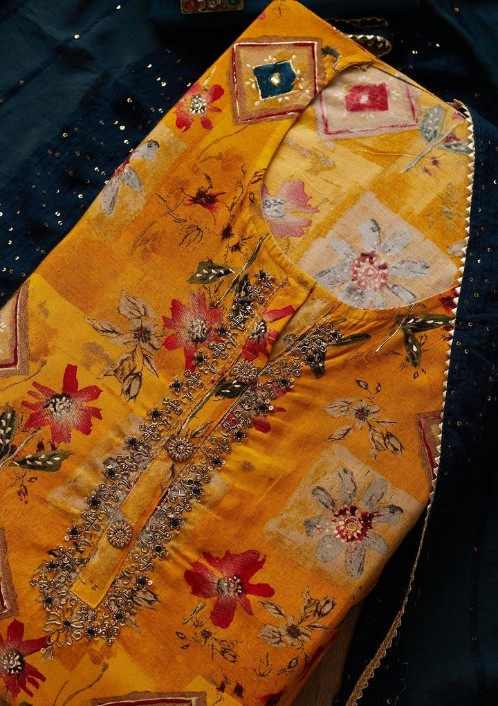Mustard Print Semi Crepe Designer Semi-Stitched Salwar Suit - Koskii