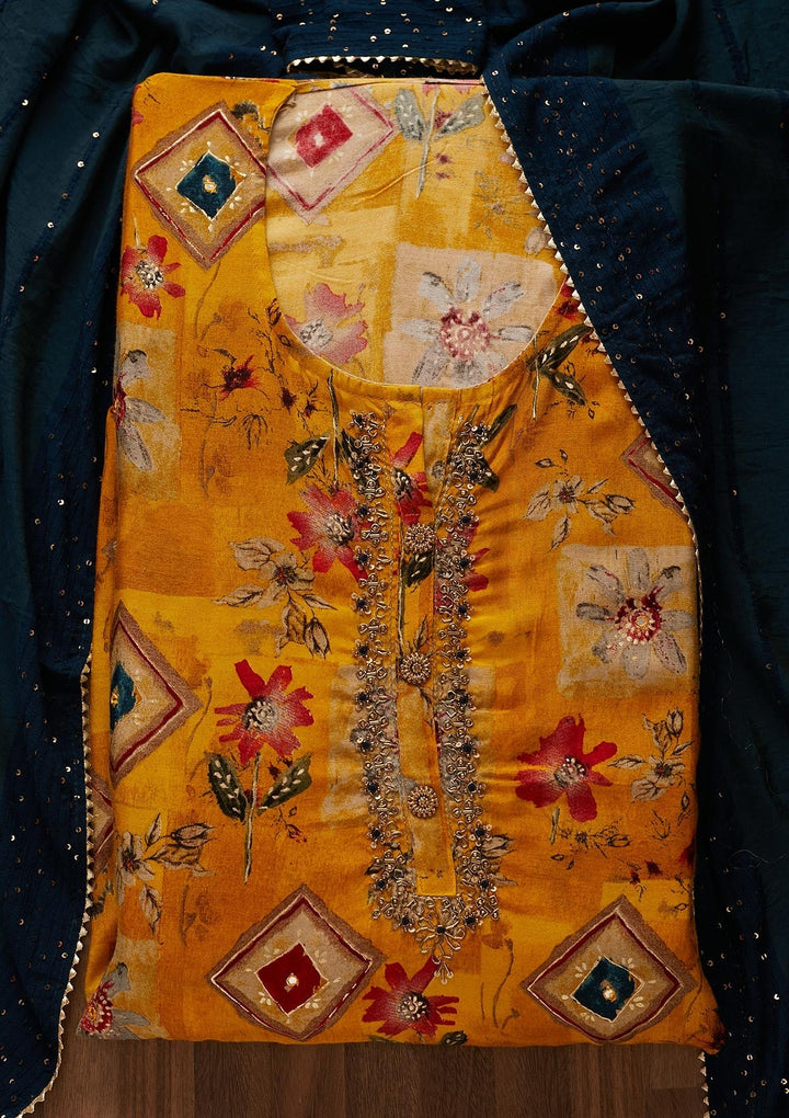 Mustard Print Semi Crepe Designer Semi-Stitched Salwar Suit - Koskii