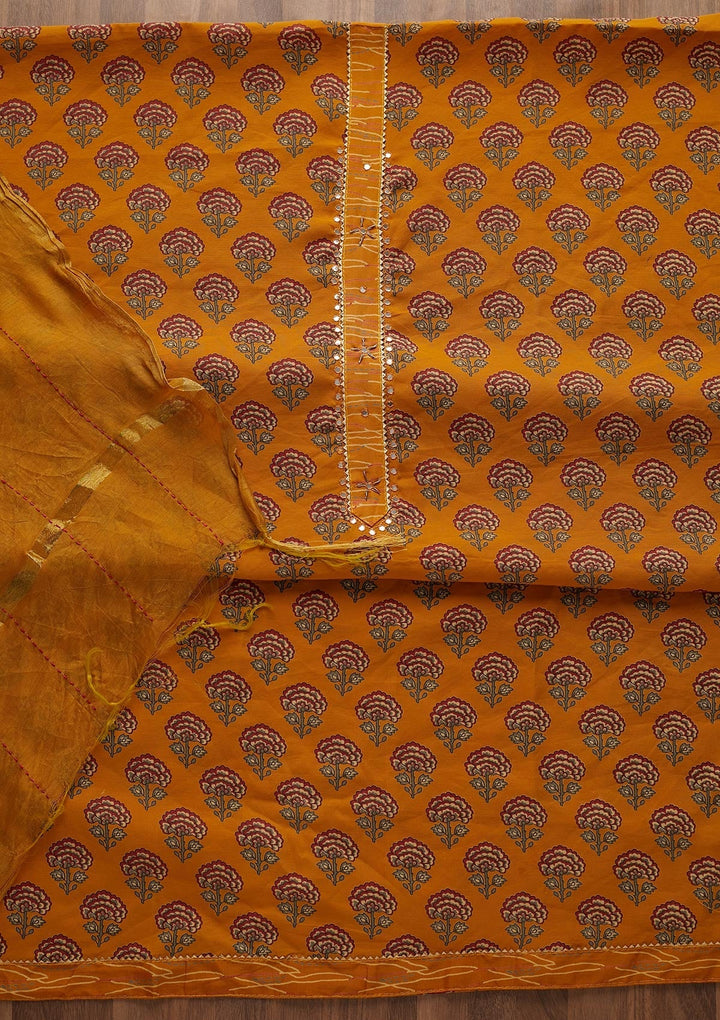 Mustard Print Semi Crepe  Semi-Stitched Salwar Suit - Koskii