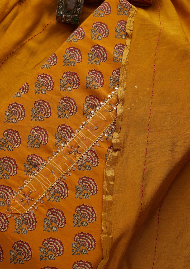 Mustard Print Semi Crepe  Semi-Stitched Salwar Suit - Koskii