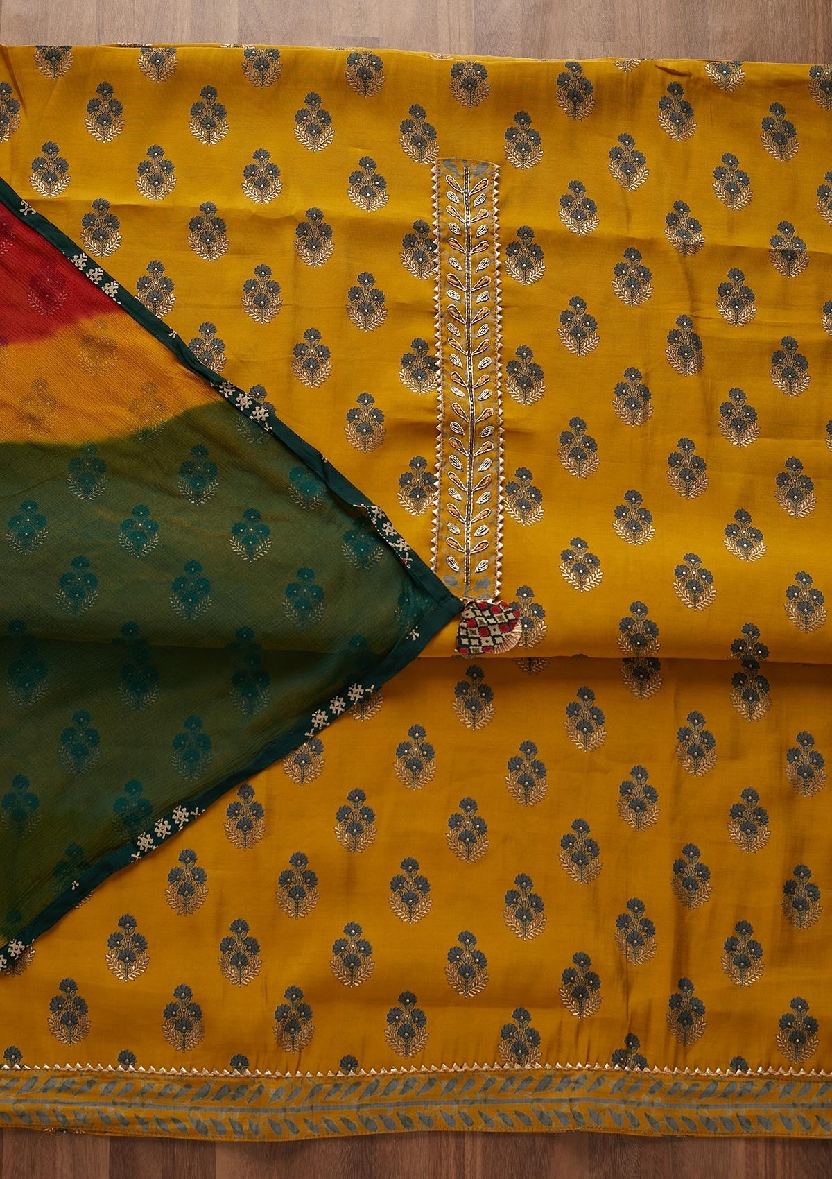 Mustard Print Semi Crepe Designer Semi-Stitched Salwar Suit - Koskii