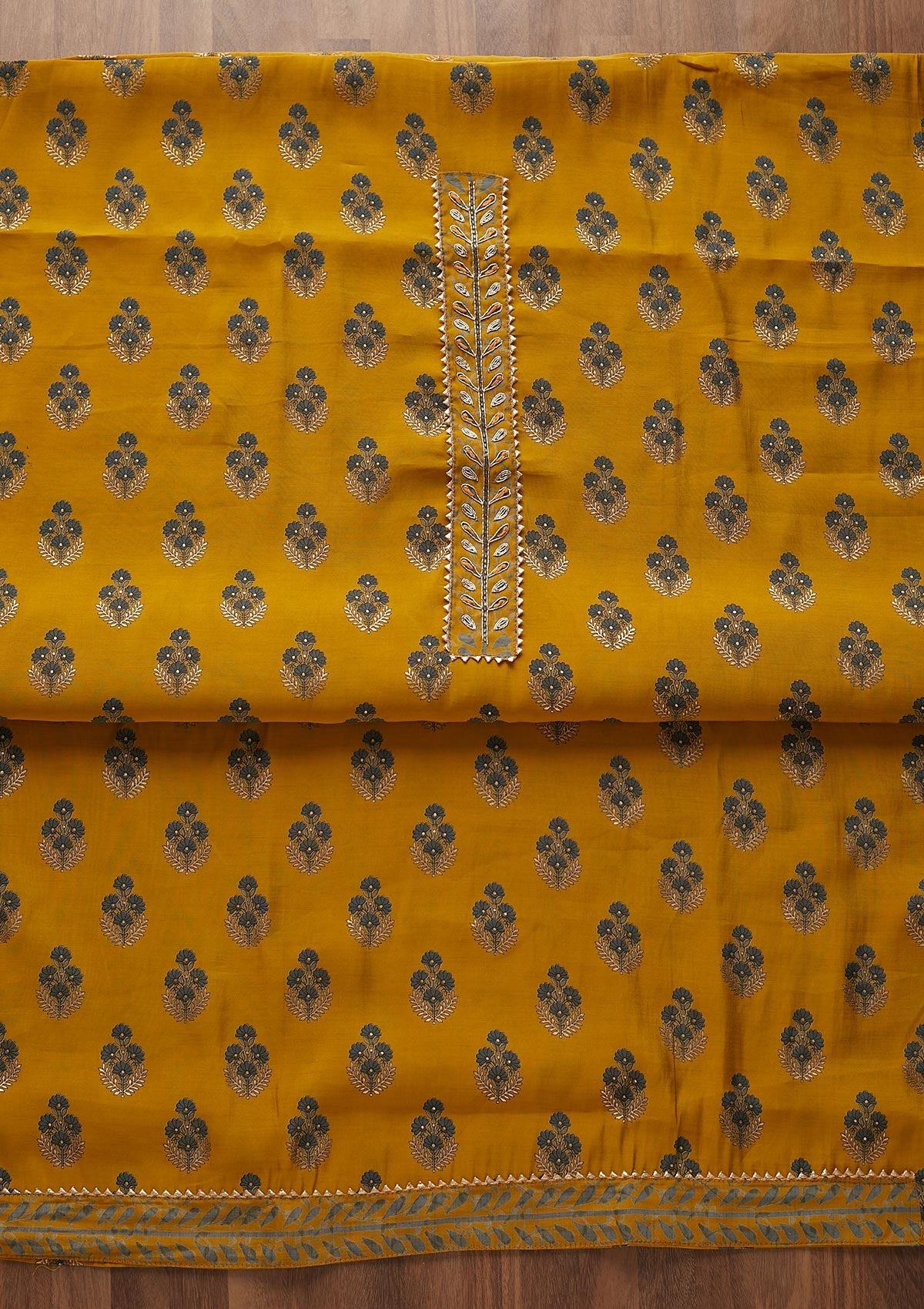 Mustard Print Semi Crepe Designer Semi-Stitched Salwar Suit - Koskii