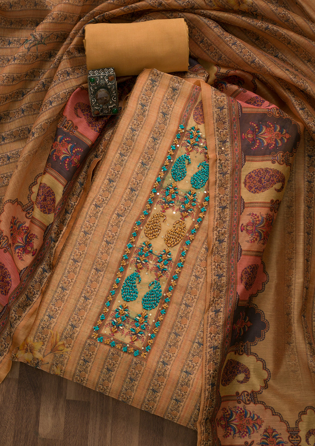 Mustard Printed Art Silk Semi-Stitched Salwar Suit-Koskii