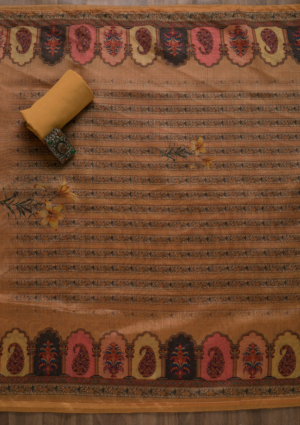 Mustard Printed Art Silk Semi-Stitched Salwar Suit-Koskii
