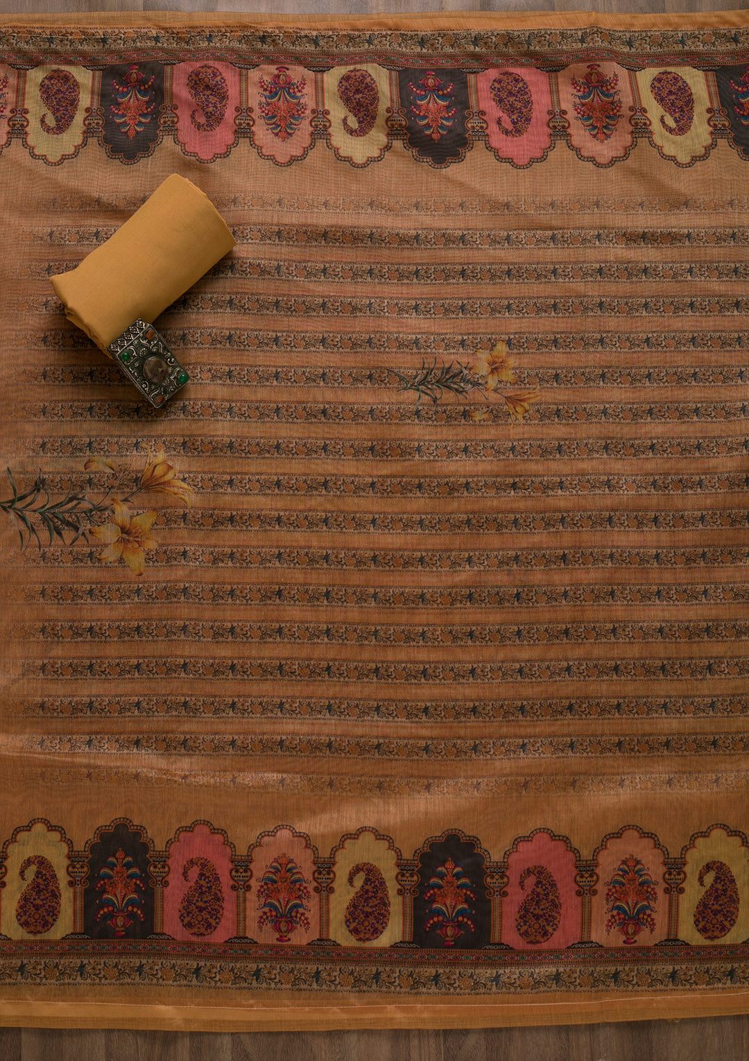 Mustard Printed Art Silk Semi-Stitched Salwar Suit-Koskii