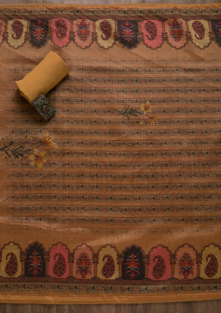 Mustard Printed Art Silk Semi-Stitched Salwar Suit-Koskii