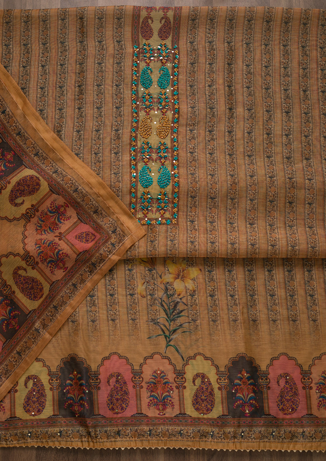 Mustard Printed Art Silk Semi-Stitched Salwar Suit-Koskii
