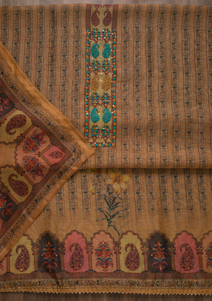 Mustard Printed Art Silk Semi-Stitched Salwar Suit-Koskii
