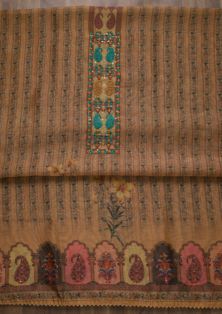 Mustard Printed Art Silk Semi-Stitched Salwar Suit-Koskii