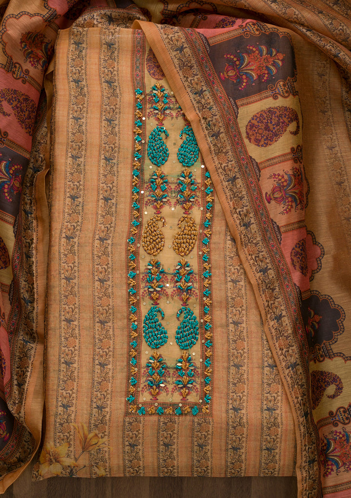 Mustard Printed Art Silk Semi-Stitched Salwar Suit-Koskii
