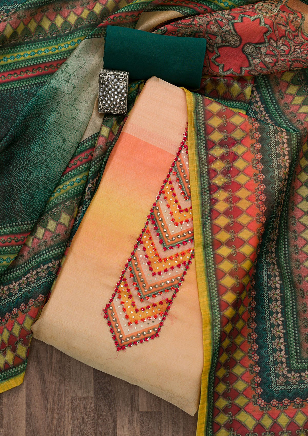 Mustard Printed Art Silk Unstitched Salwar Suit-Koskii