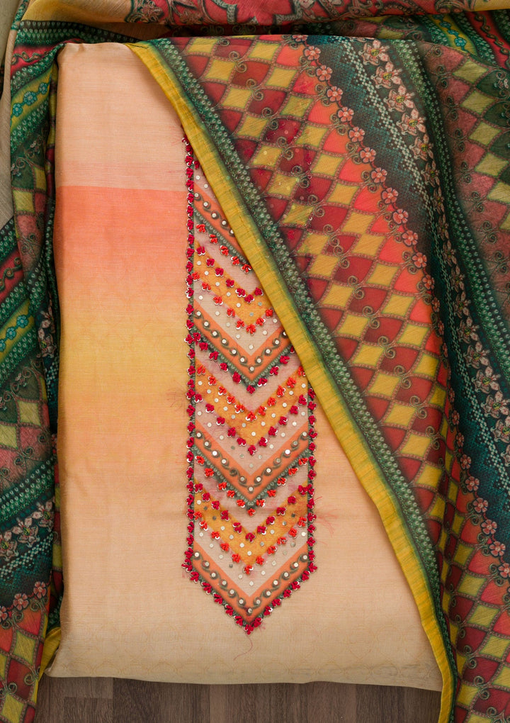 Mustard Printed Art Silk Unstitched Salwar Suit-Koskii