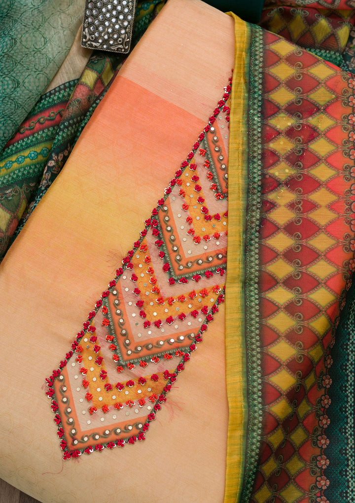 Mustard Printed Art Silk Unstitched Salwar Suit-Koskii