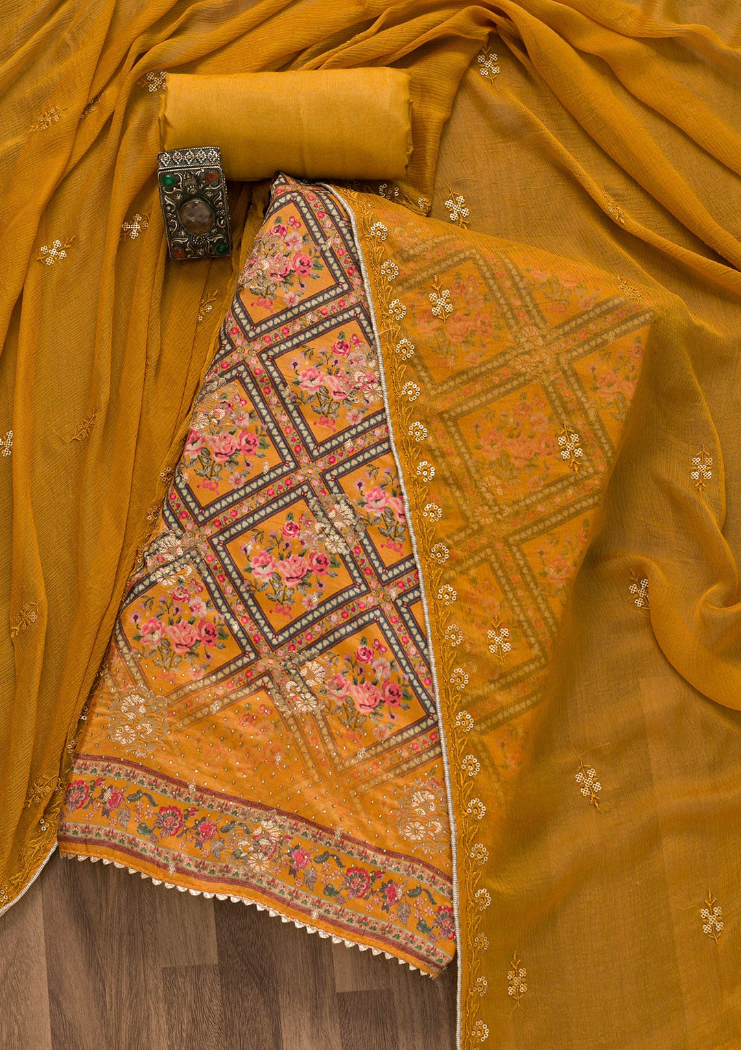 Mustard Printed Art Silk Unstitched Salwar Suit-Koskii