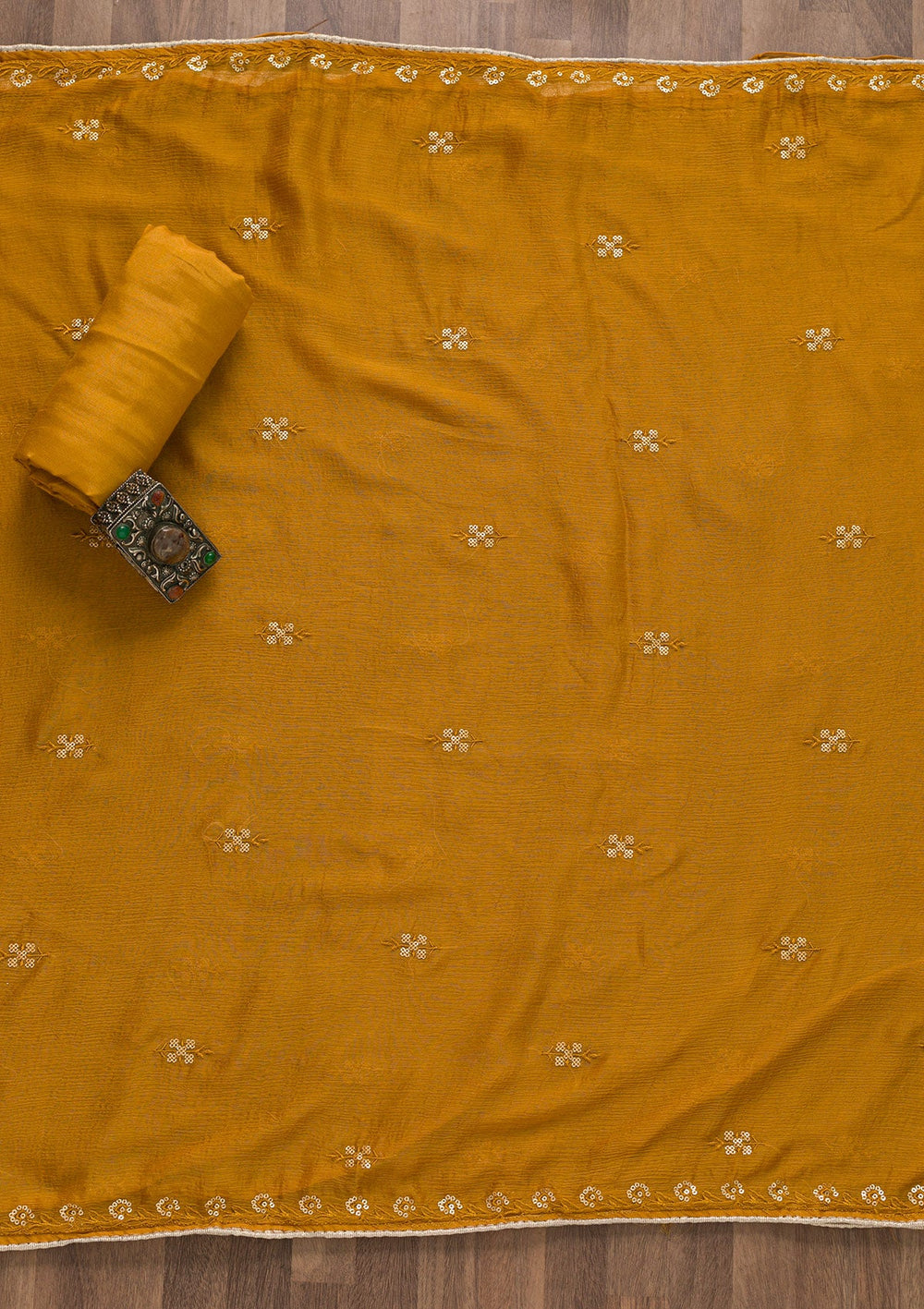 Mustard Printed Art Silk Unstitched Salwar Suit-Koskii