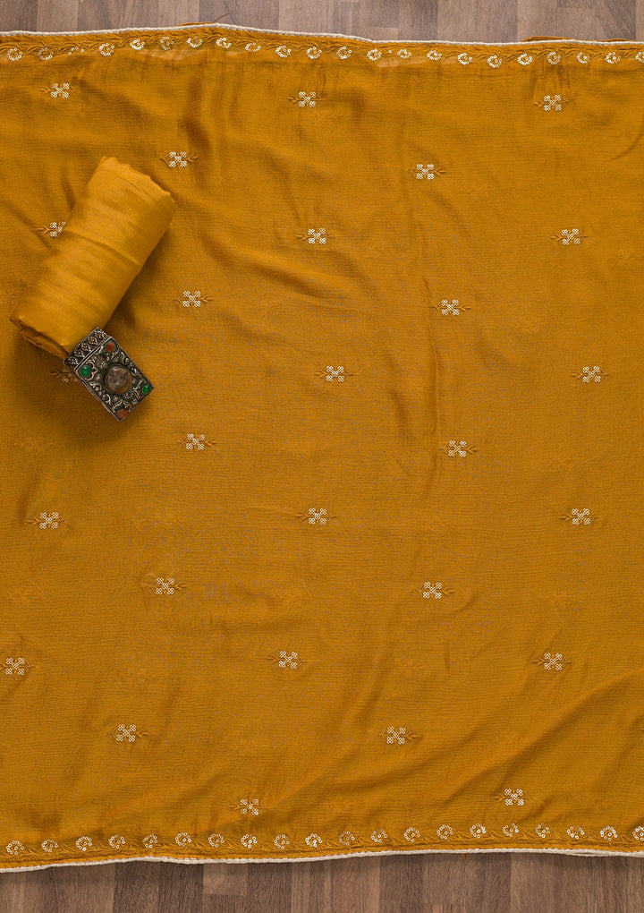 Mustard Printed Art Silk Unstitched Salwar Suit-Koskii