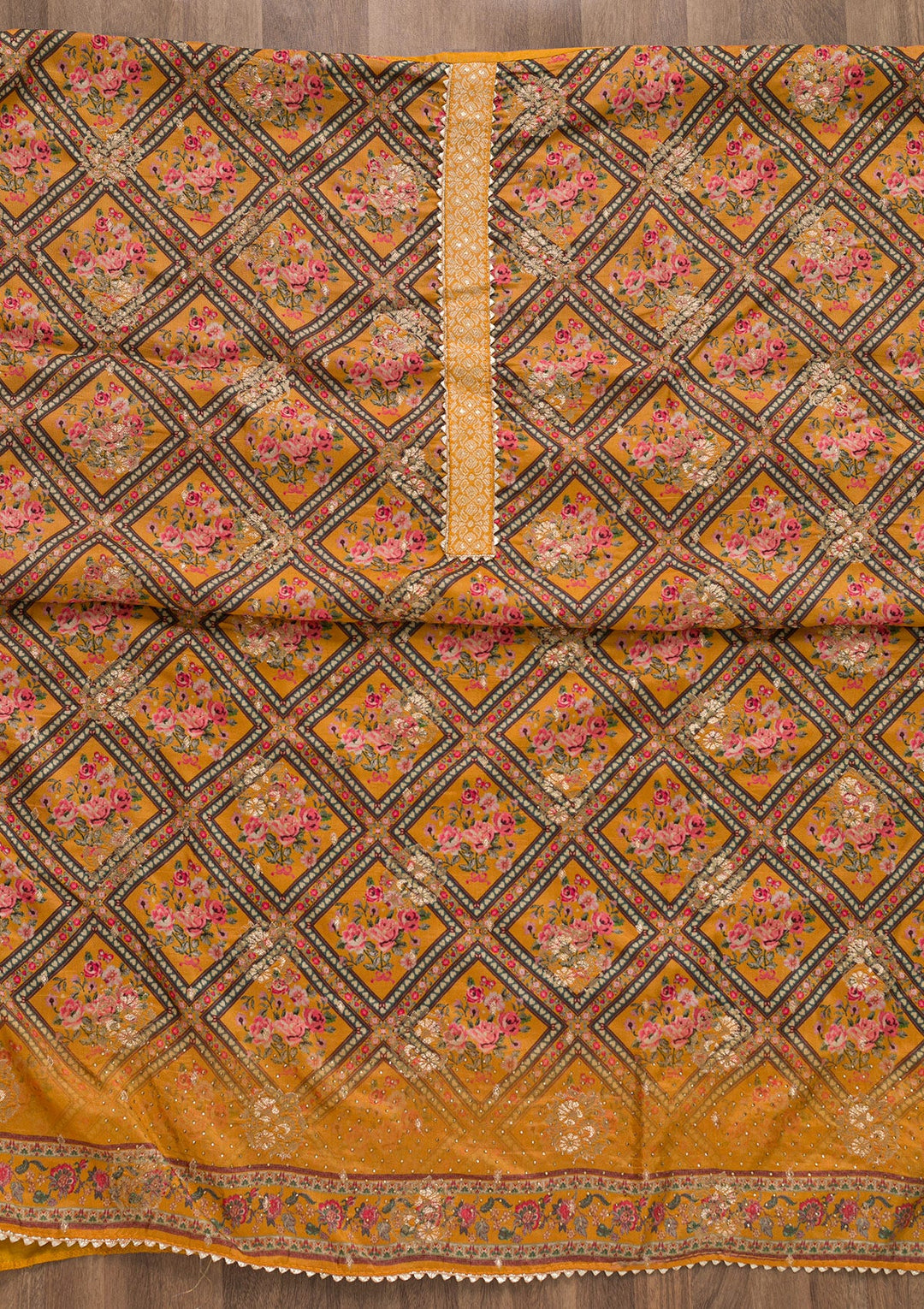 Mustard Printed Art Silk Unstitched Salwar Suit-Koskii