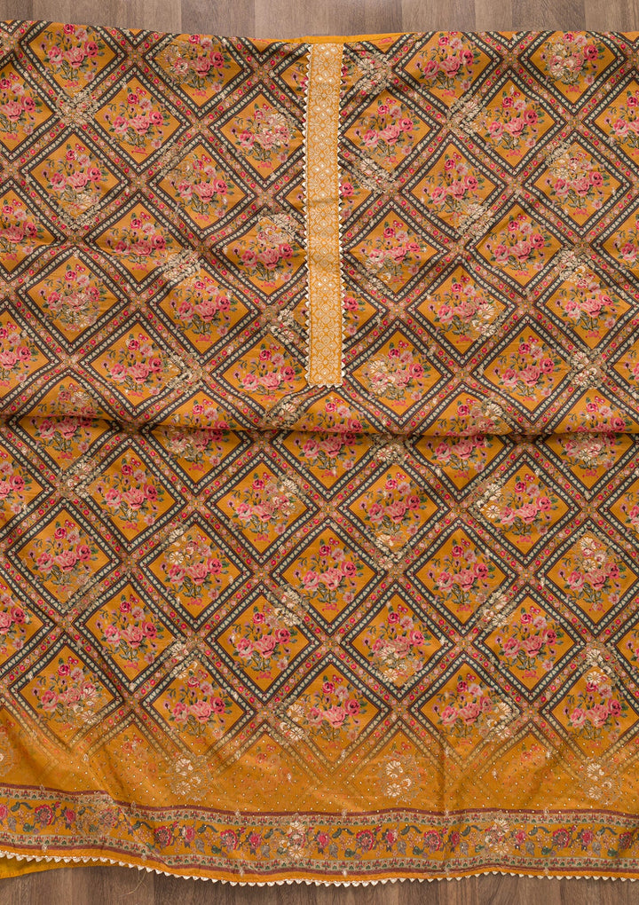Mustard Printed Art Silk Unstitched Salwar Suit-Koskii