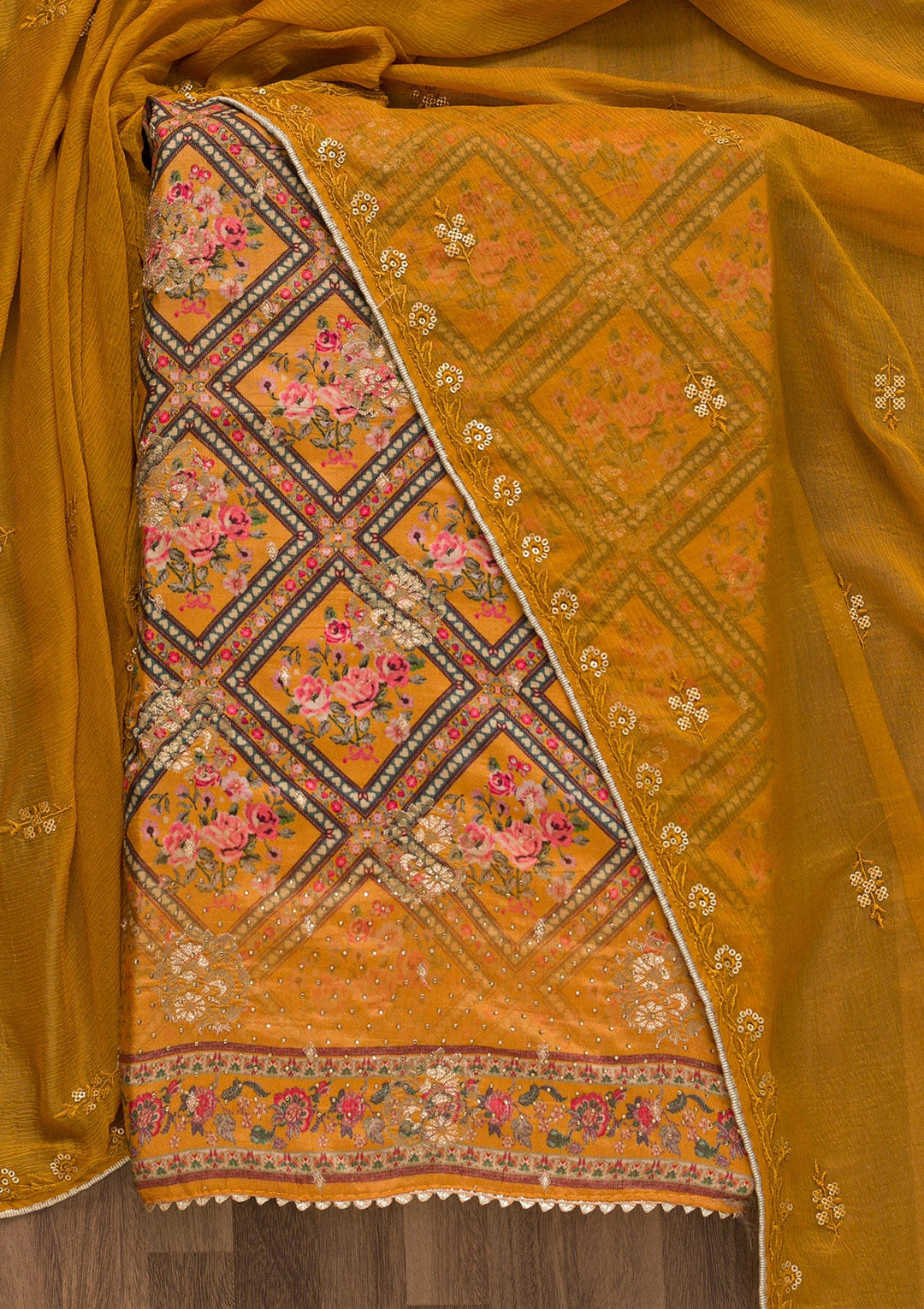 Mustard Printed Art Silk Unstitched Salwar Suit-Koskii