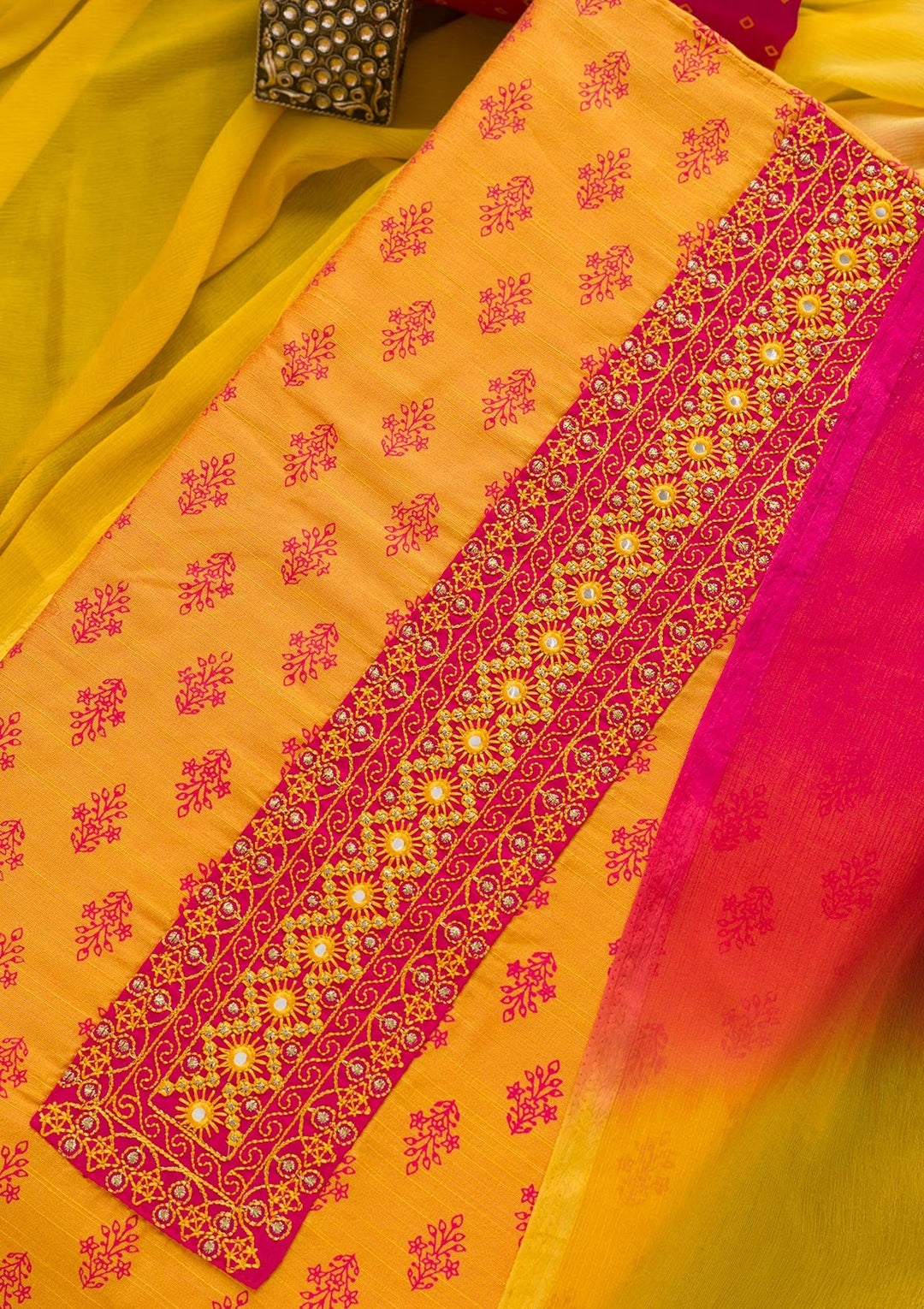 Mustard Printed C Unstitched Salwar Suit-Koskii