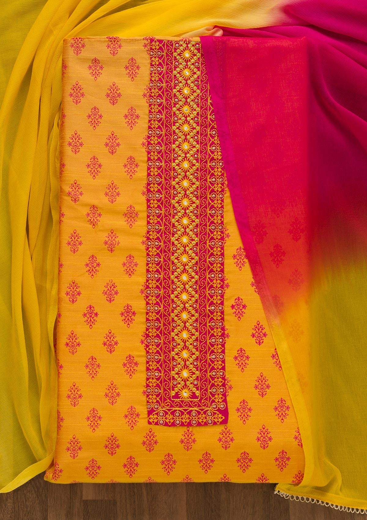 Mustard Printed C Unstitched Salwar Suit-Koskii