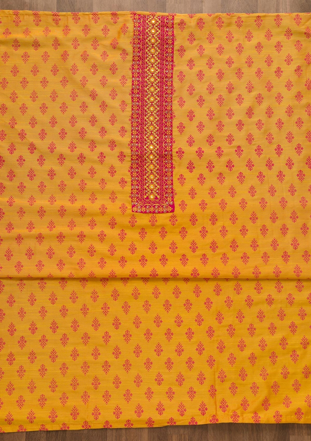 Mustard Printed C Unstitched Salwar Suit-Koskii