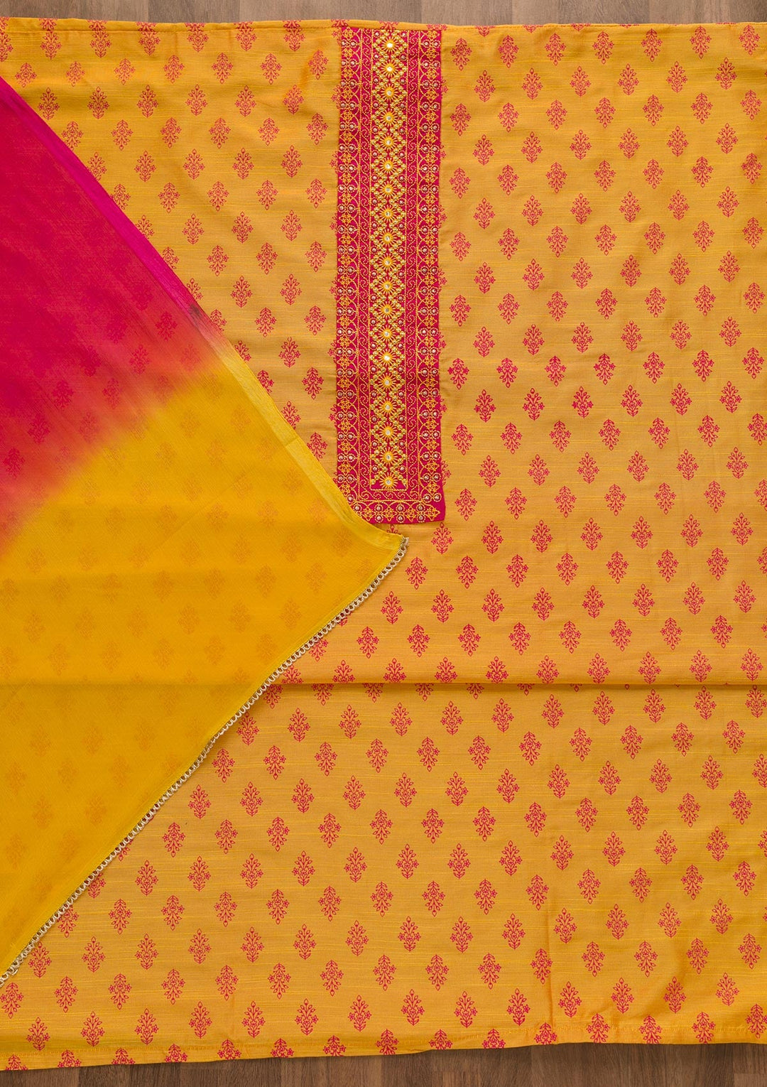 Mustard Printed C Unstitched Salwar Suit-Koskii