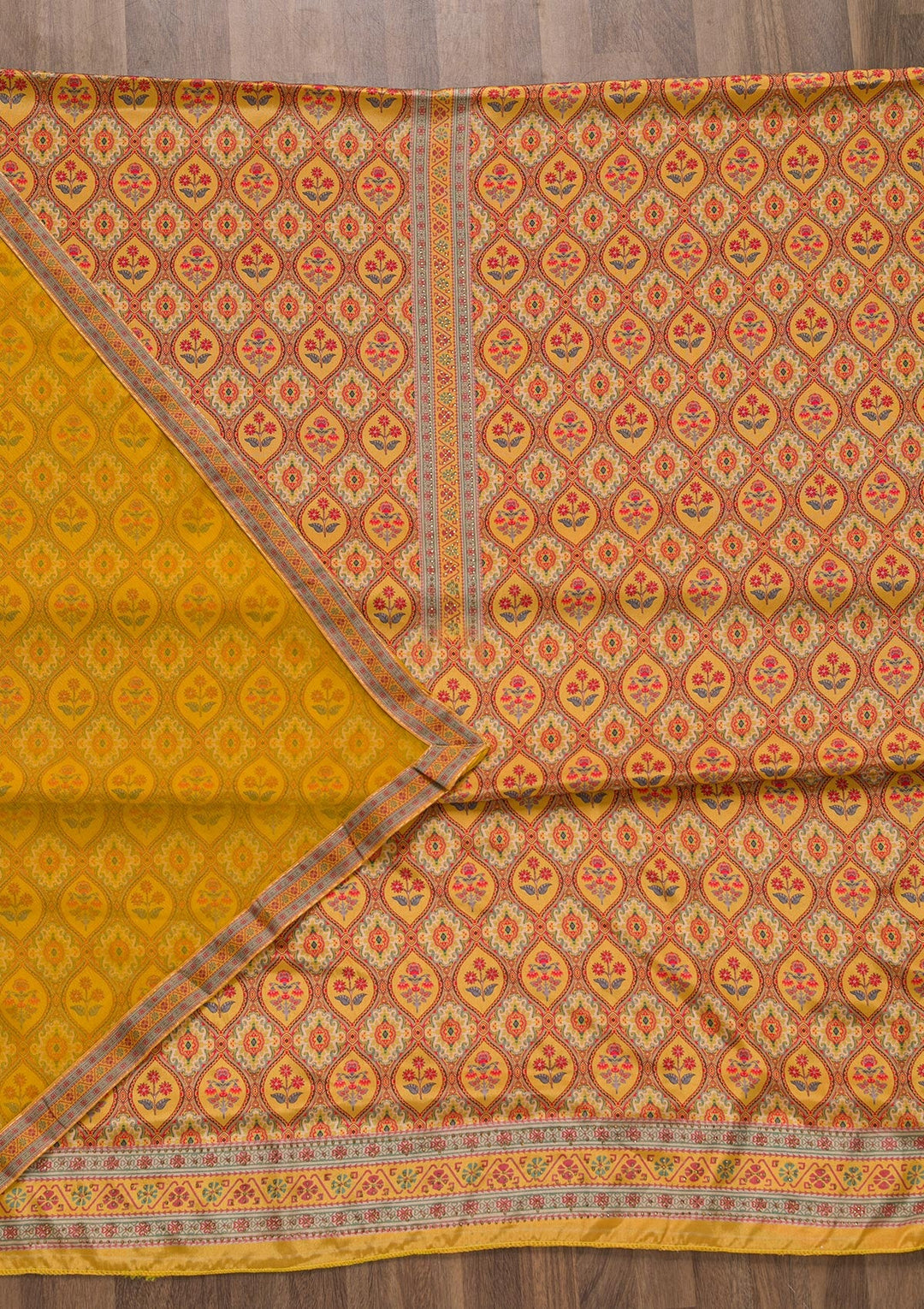 Mustard Soft Silk Printed Unstitched Salwar Suit-koskii