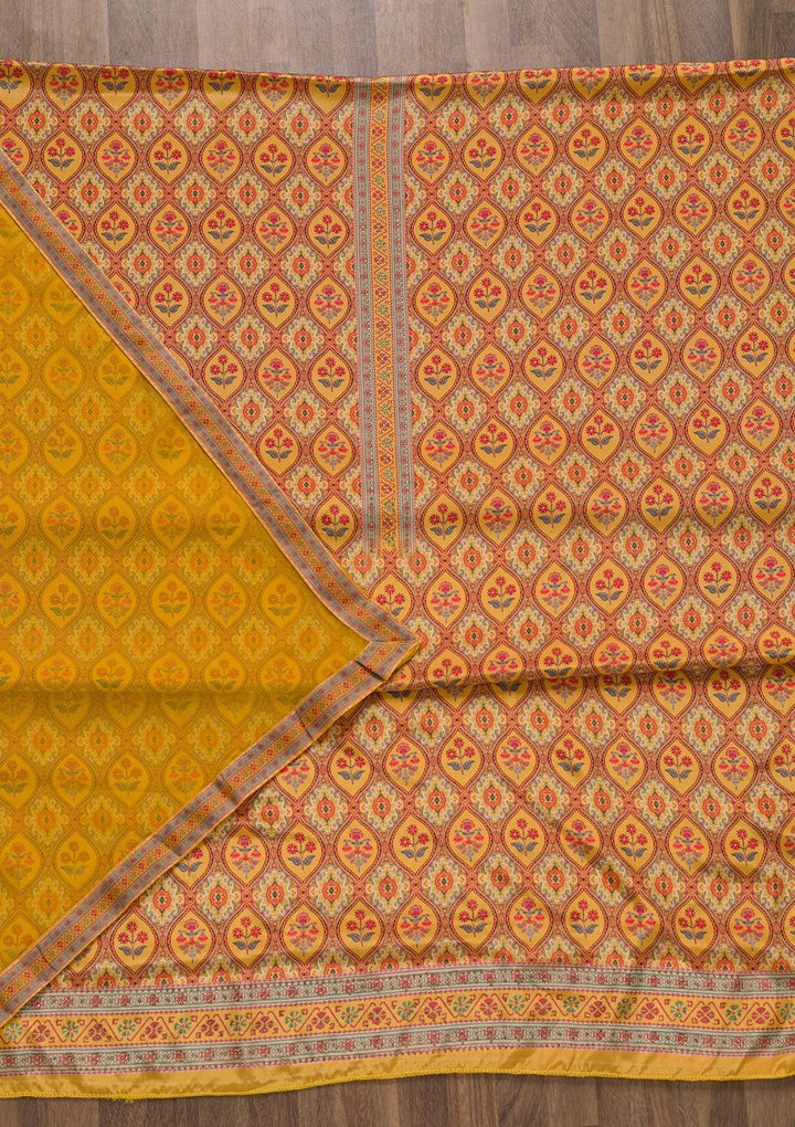 Mustard Soft Silk Printed Unstitched Salwar Suit-koskii