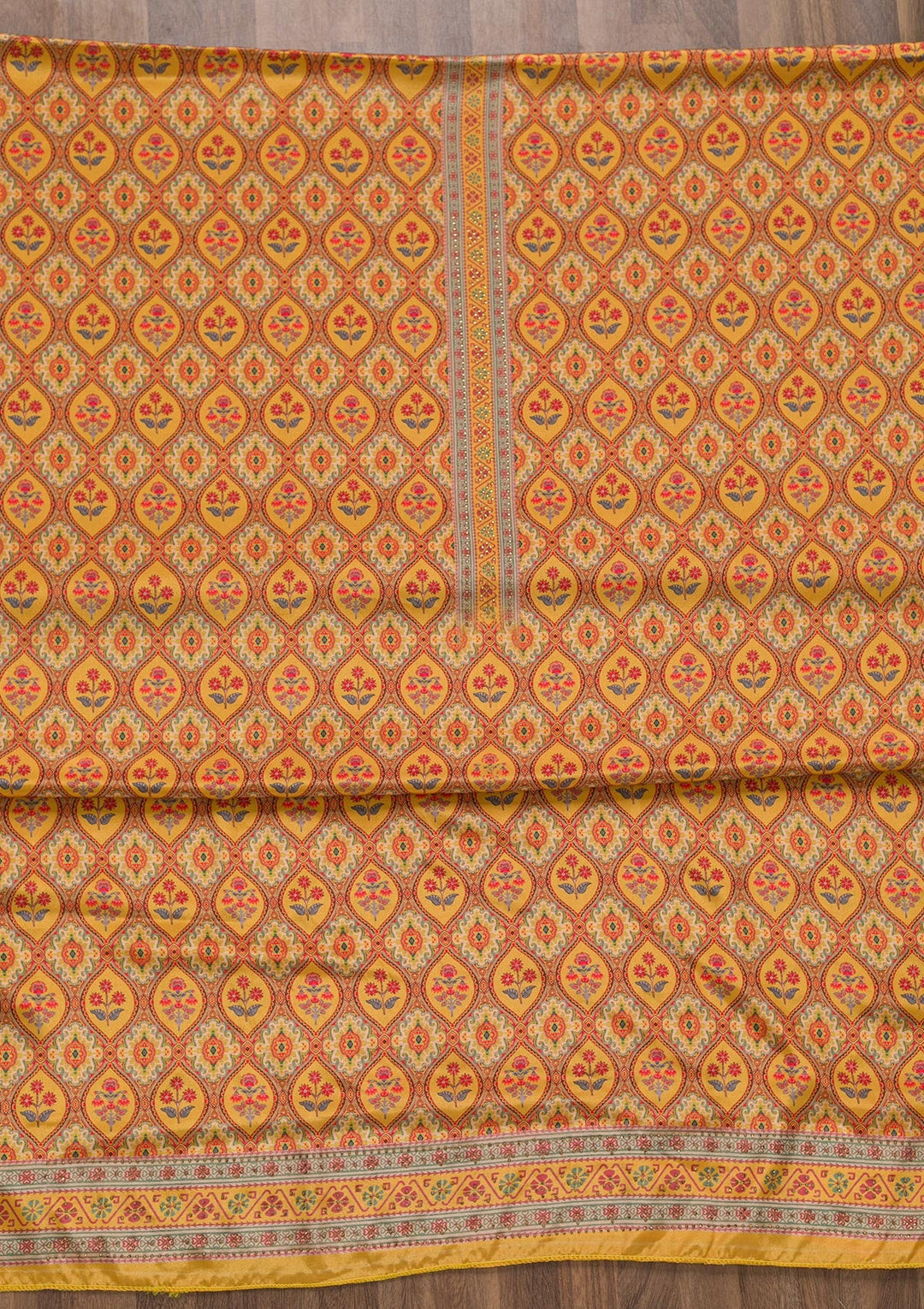 Mustard Soft Silk Printed Unstitched Salwar Suit-koskii