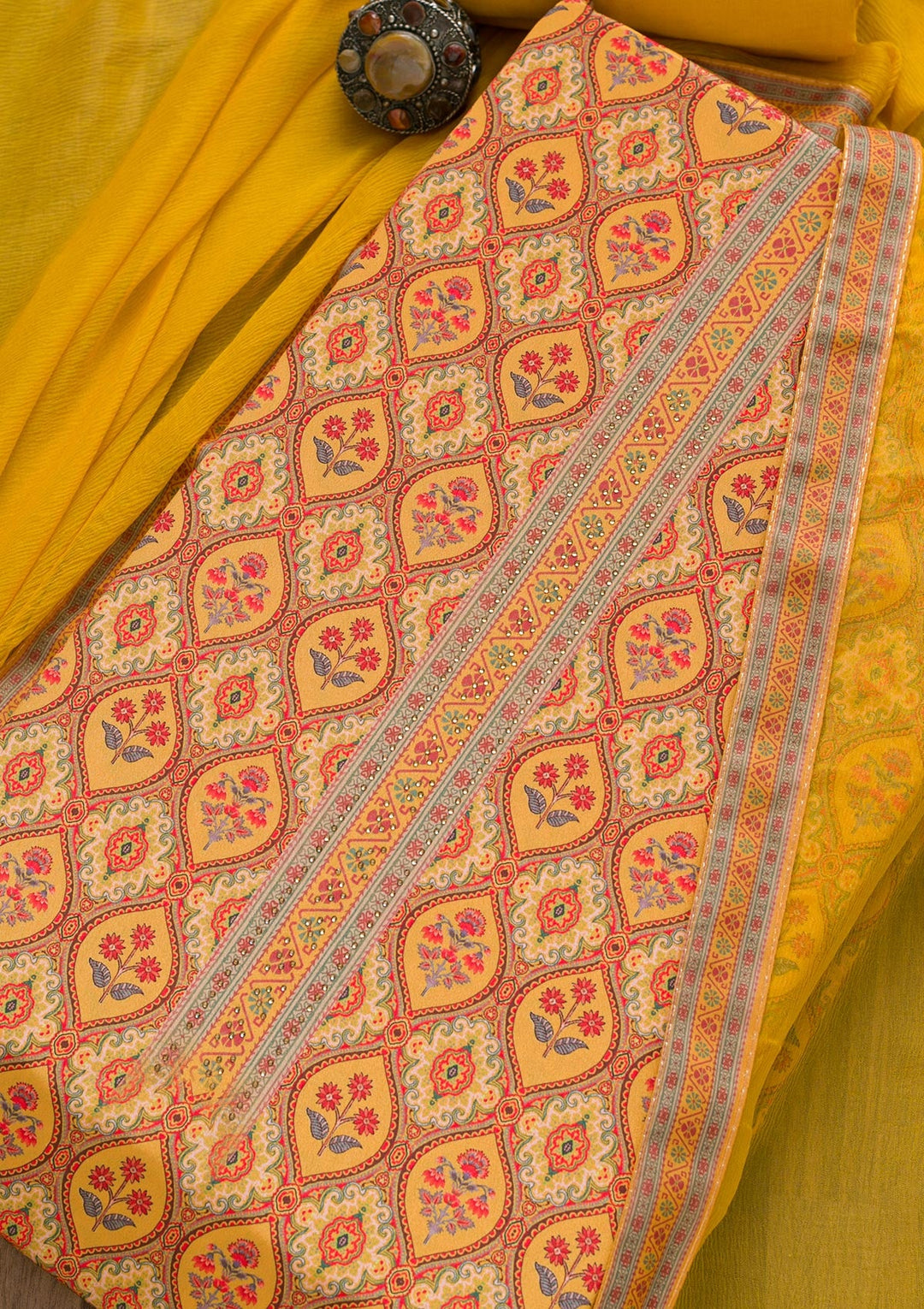 Mustard Soft Silk Printed Unstitched Salwar Suit-koskii