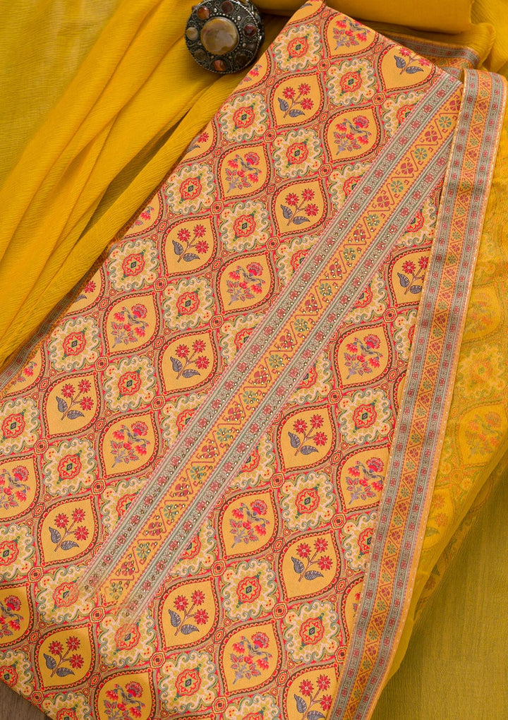 Mustard Soft Silk Printed Unstitched Salwar Suit-koskii