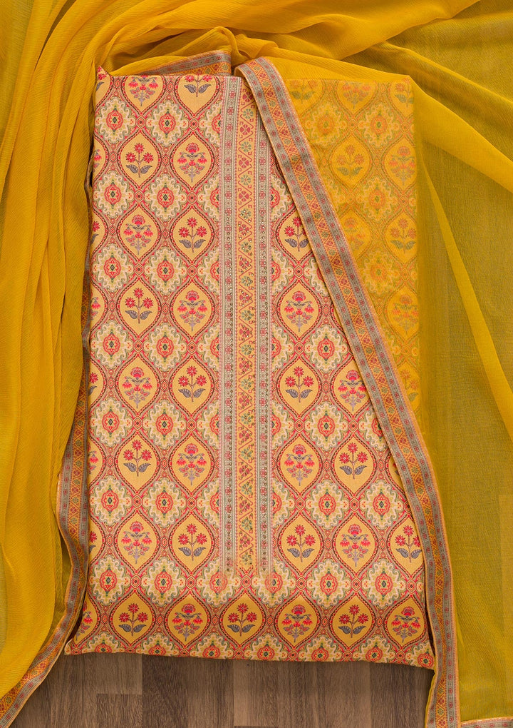 Mustard Soft Silk Printed Unstitched Salwar Suit-koskii