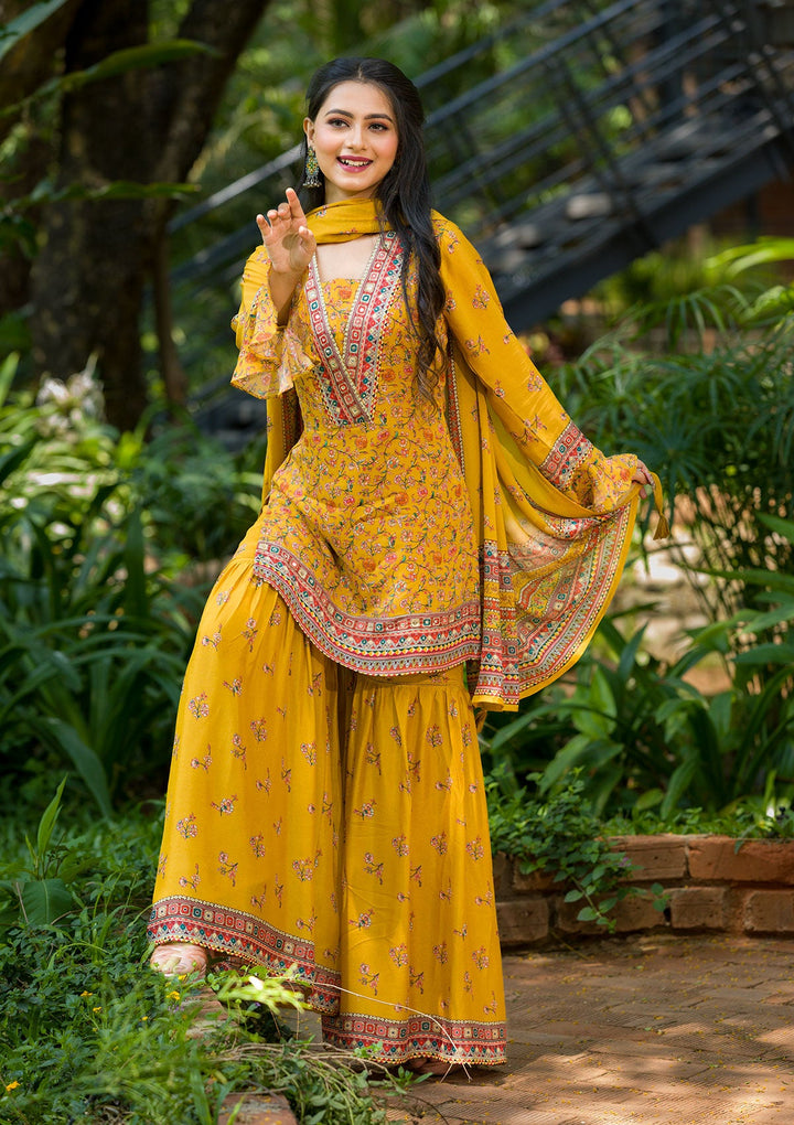 Mustard Printed Georgette Readymade Salwar Kameez-Koskii