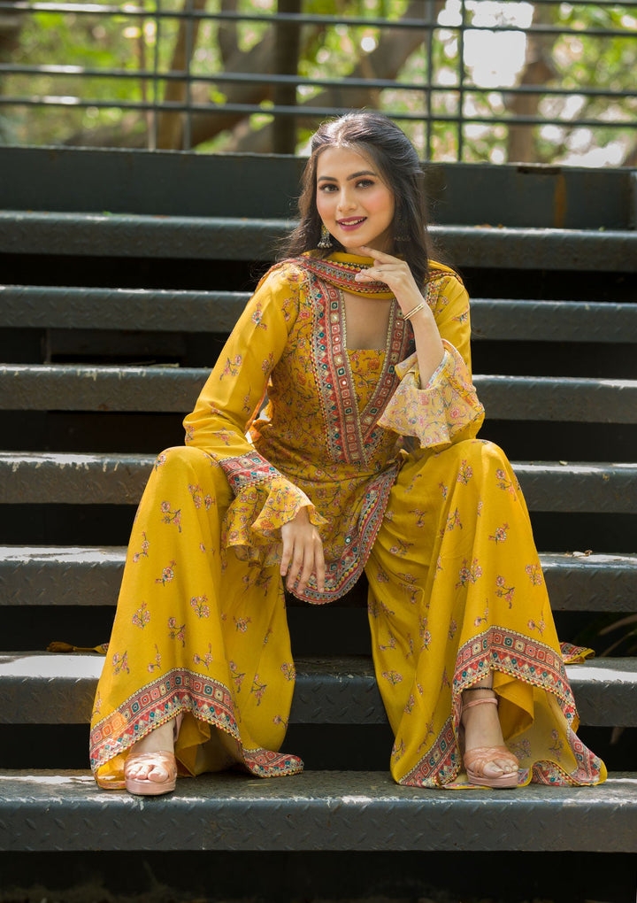 Mustard Printed Georgette Readymade Salwar Kameez-Koskii