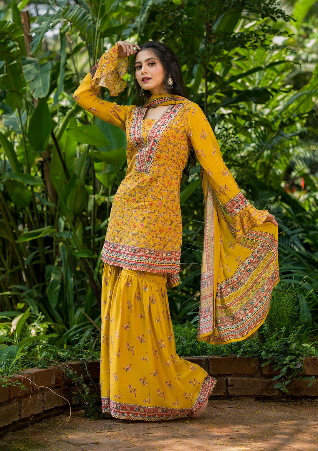 Mustard Printed Georgette Readymade Salwar Kameez-Koskii